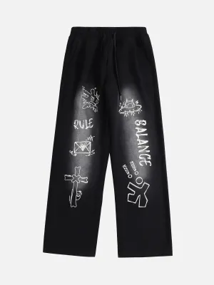 1984 American Style Spray Painted Letters Washed Casual Sweatpants