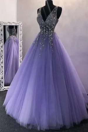 A-Line V-Neck Sweep Train Beaded Prom Dress P02073