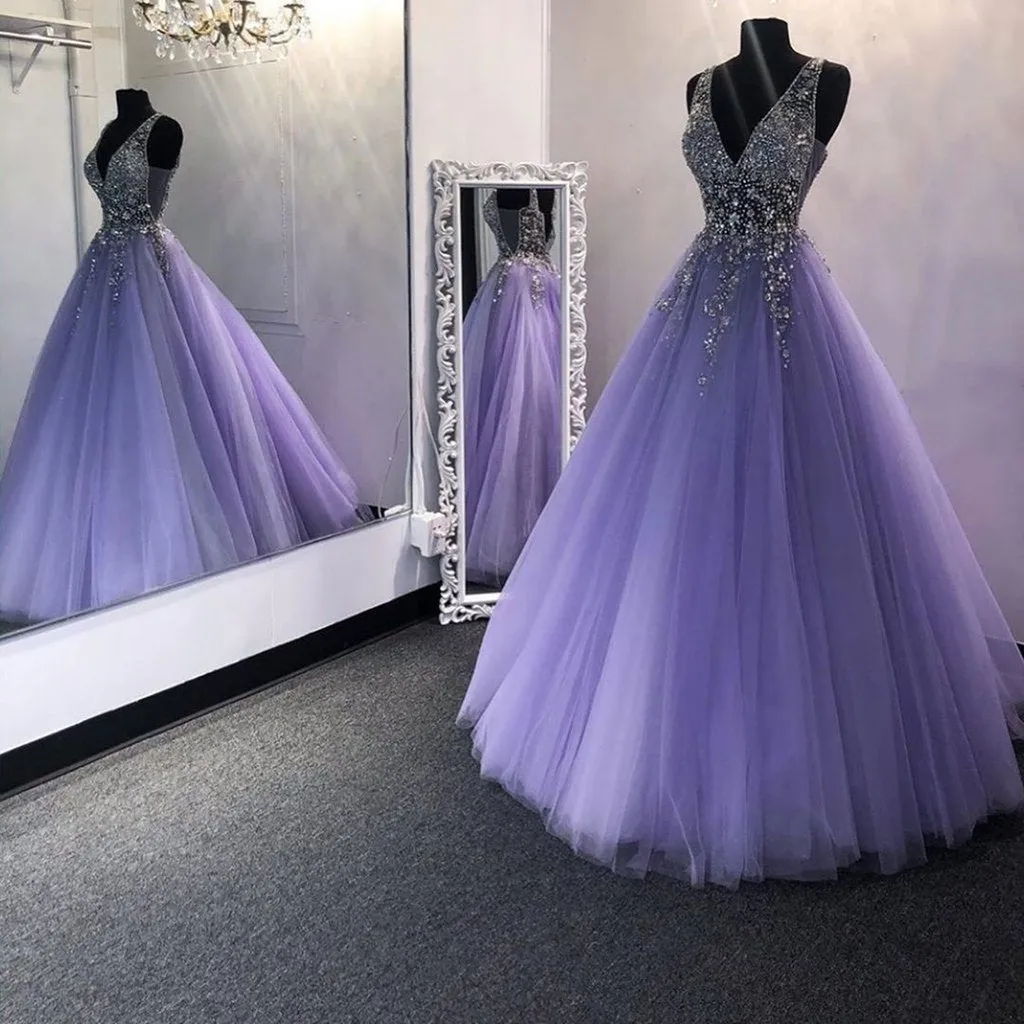 A-Line V-Neck Sweep Train Beaded Prom Dress P02073