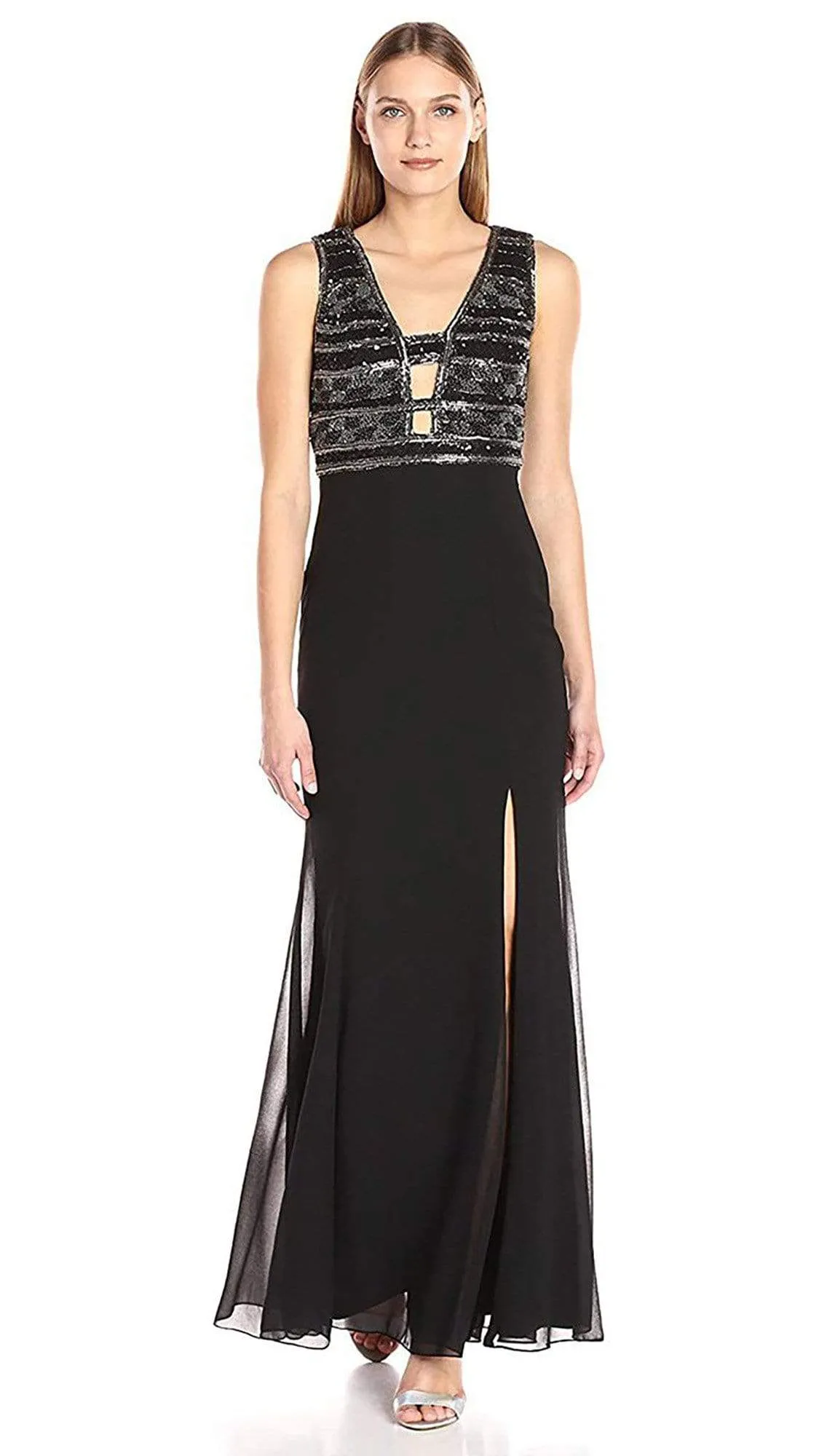 Adrianna Papell - AP1E201342 Ornate Plunging Sheath Dress in Black - 1 Pc Black in Size 16 Available