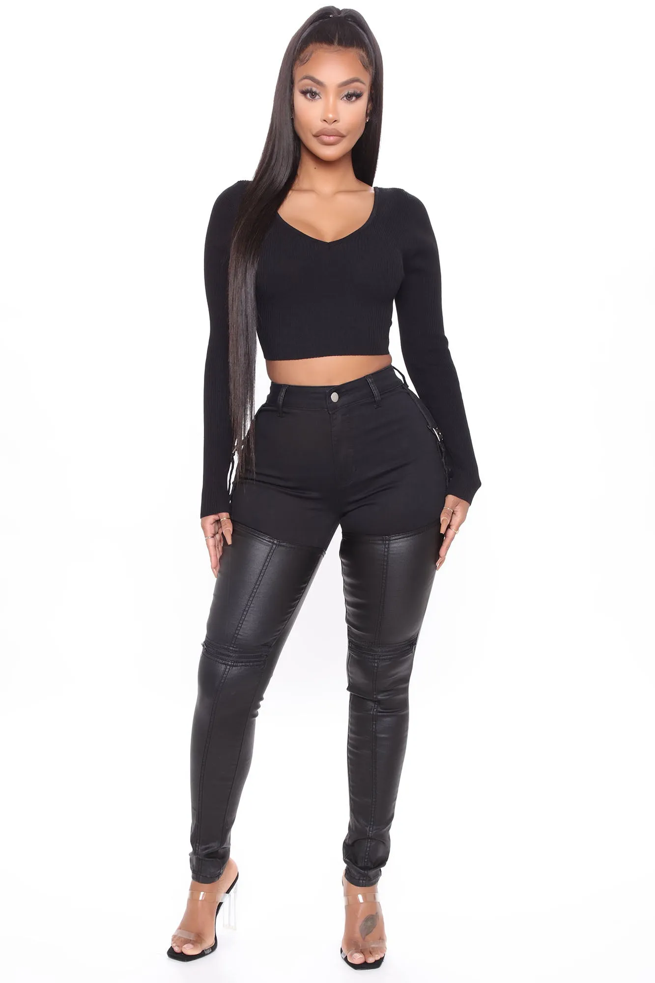 Always In Charge PU Contrast Skinny Jeans - Black