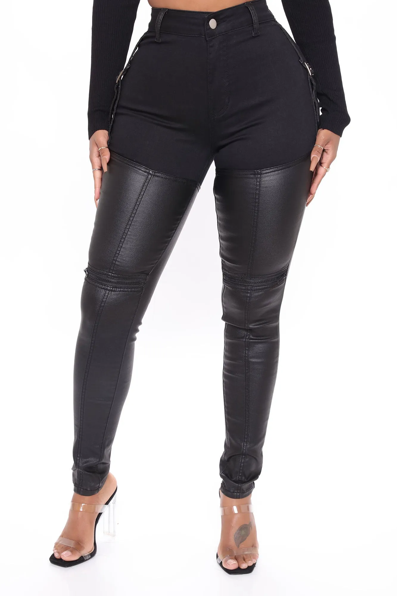 Always In Charge PU Contrast Skinny Jeans - Black