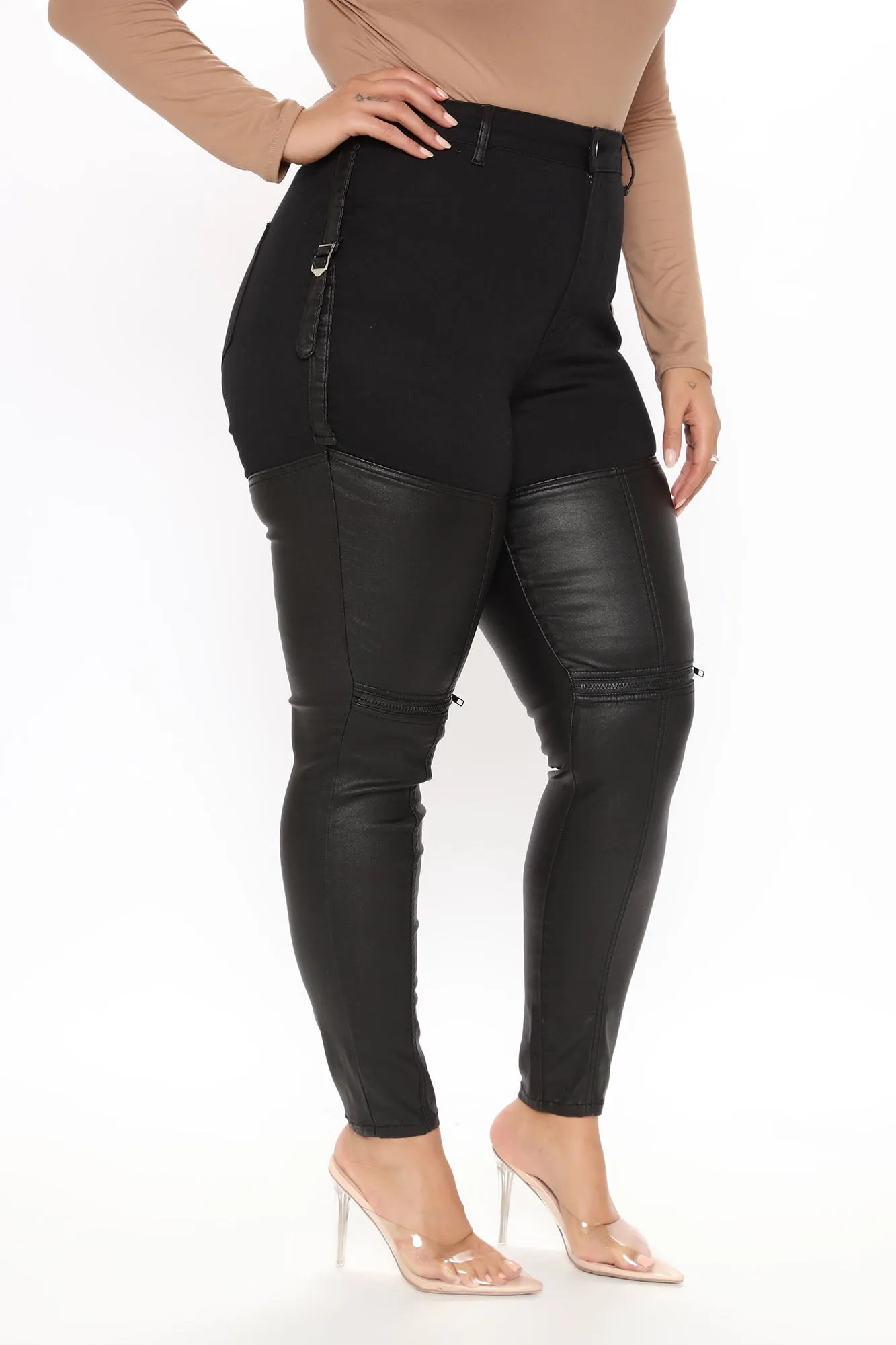 Always In Charge PU Contrast Skinny Jeans - Black