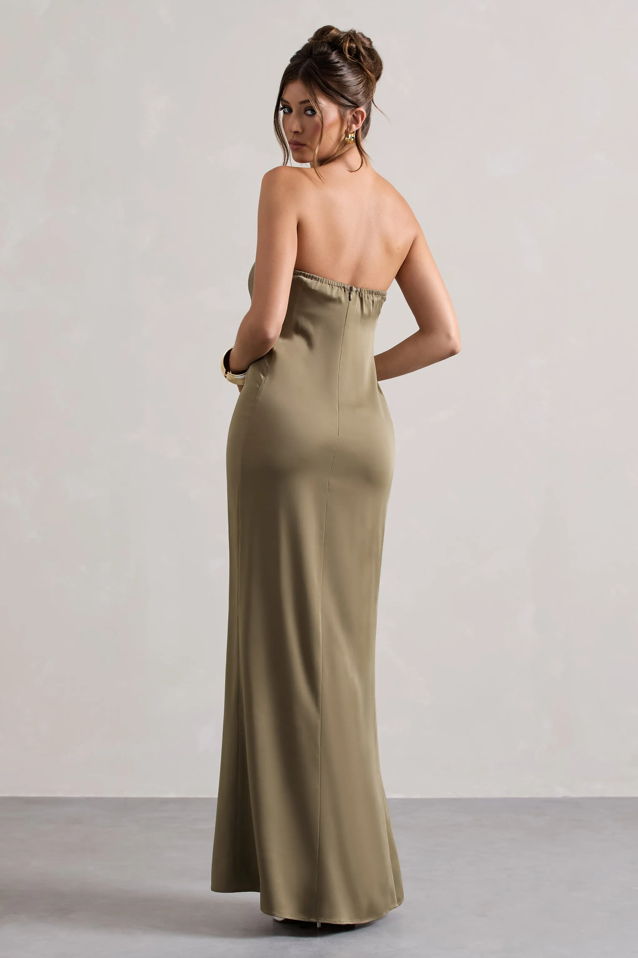 Azra | Olive Satin Bandeau Maxi Dress