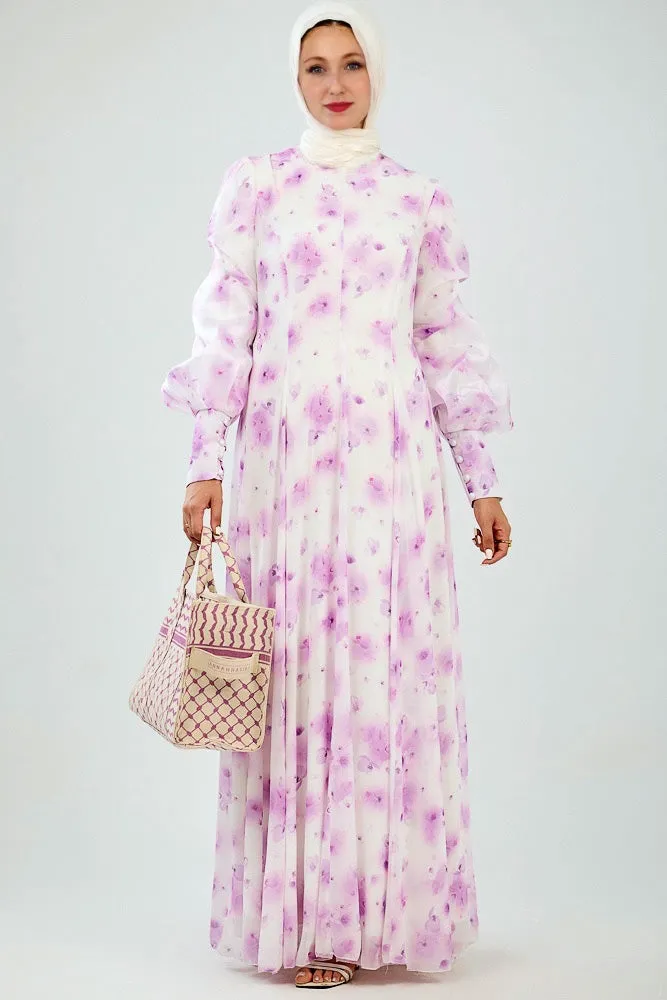 Basma Flared Sleeve High Neck Maxi Dress in Floral Chiffon