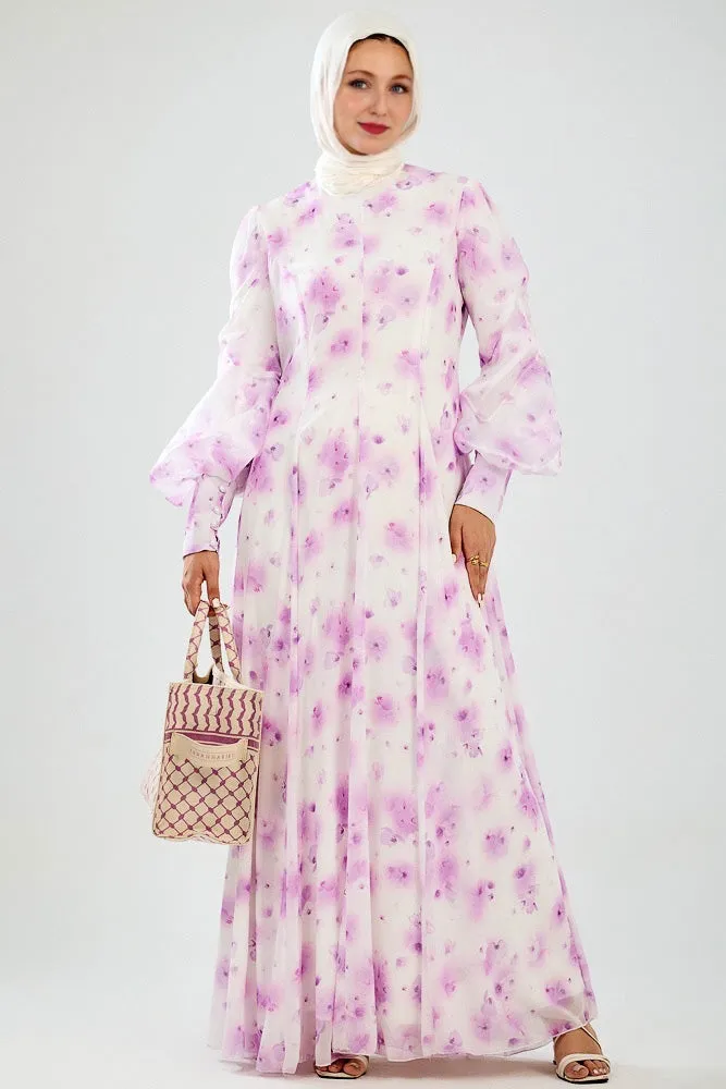 Basma Flared Sleeve High Neck Maxi Dress in Floral Chiffon