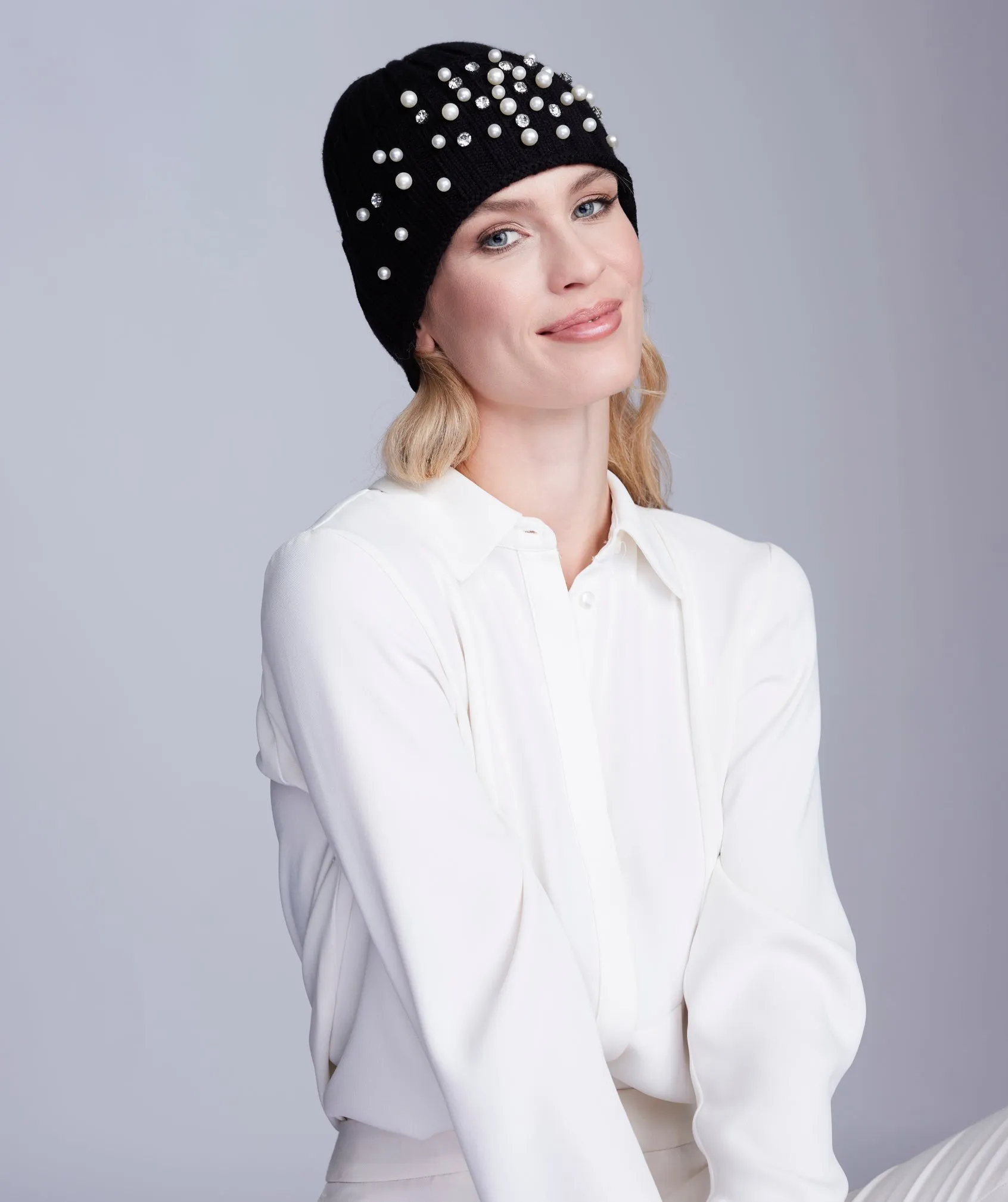 Black Chunky Knit Hat with Pearl Embellishments