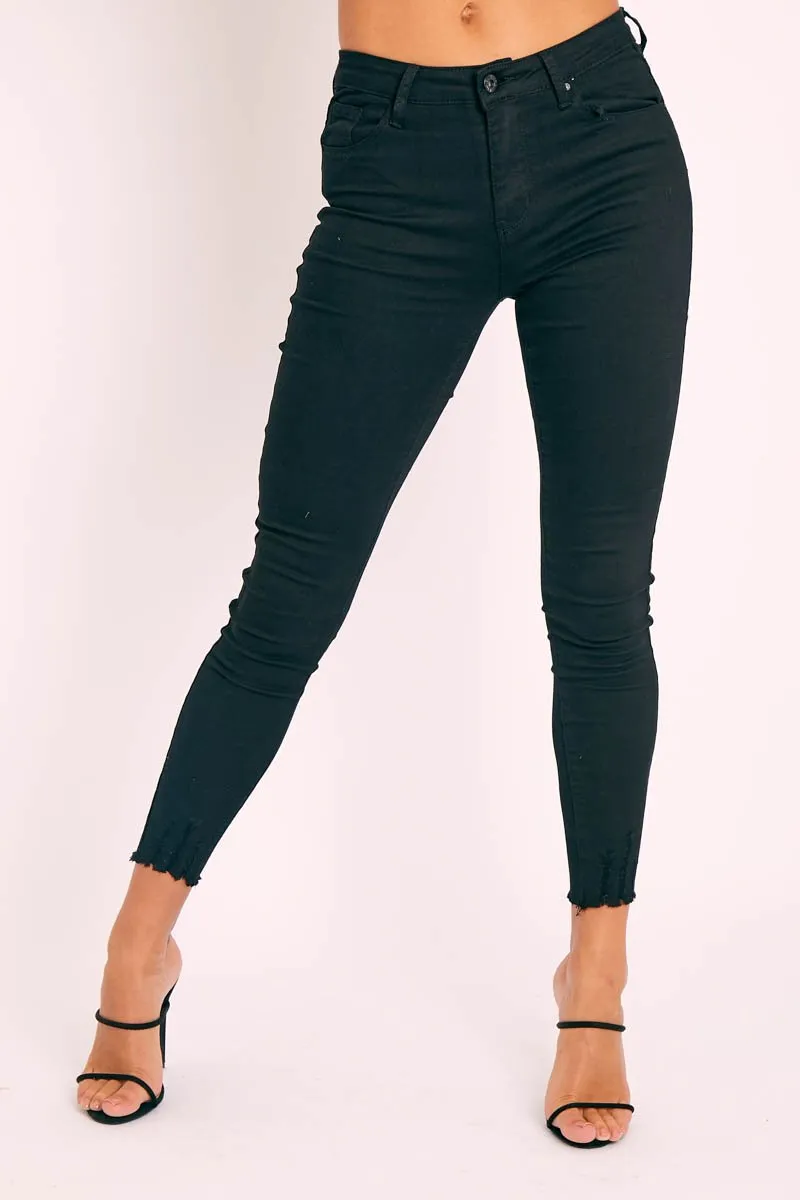 Black High Waist Raw Hem Skinny Jeans - Calissa