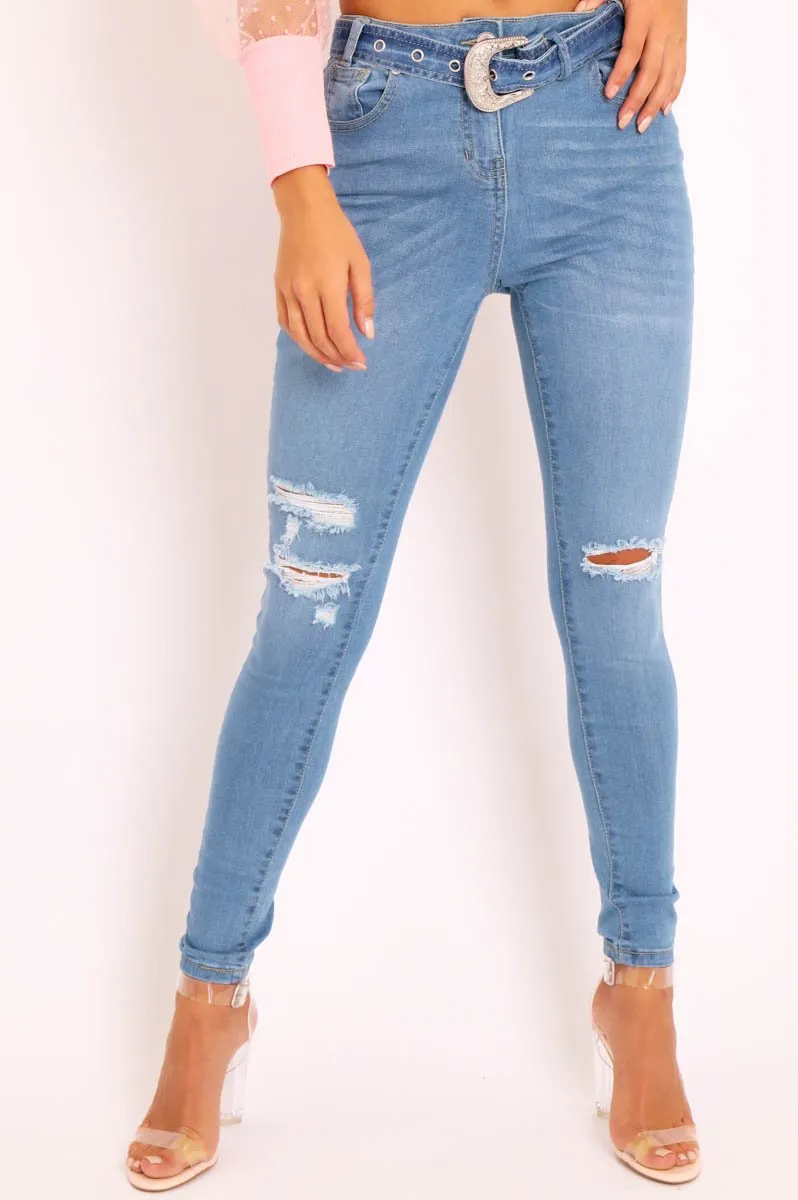 Blue Denim Ripped Buckle Belted Skinny Jeans - Suzie