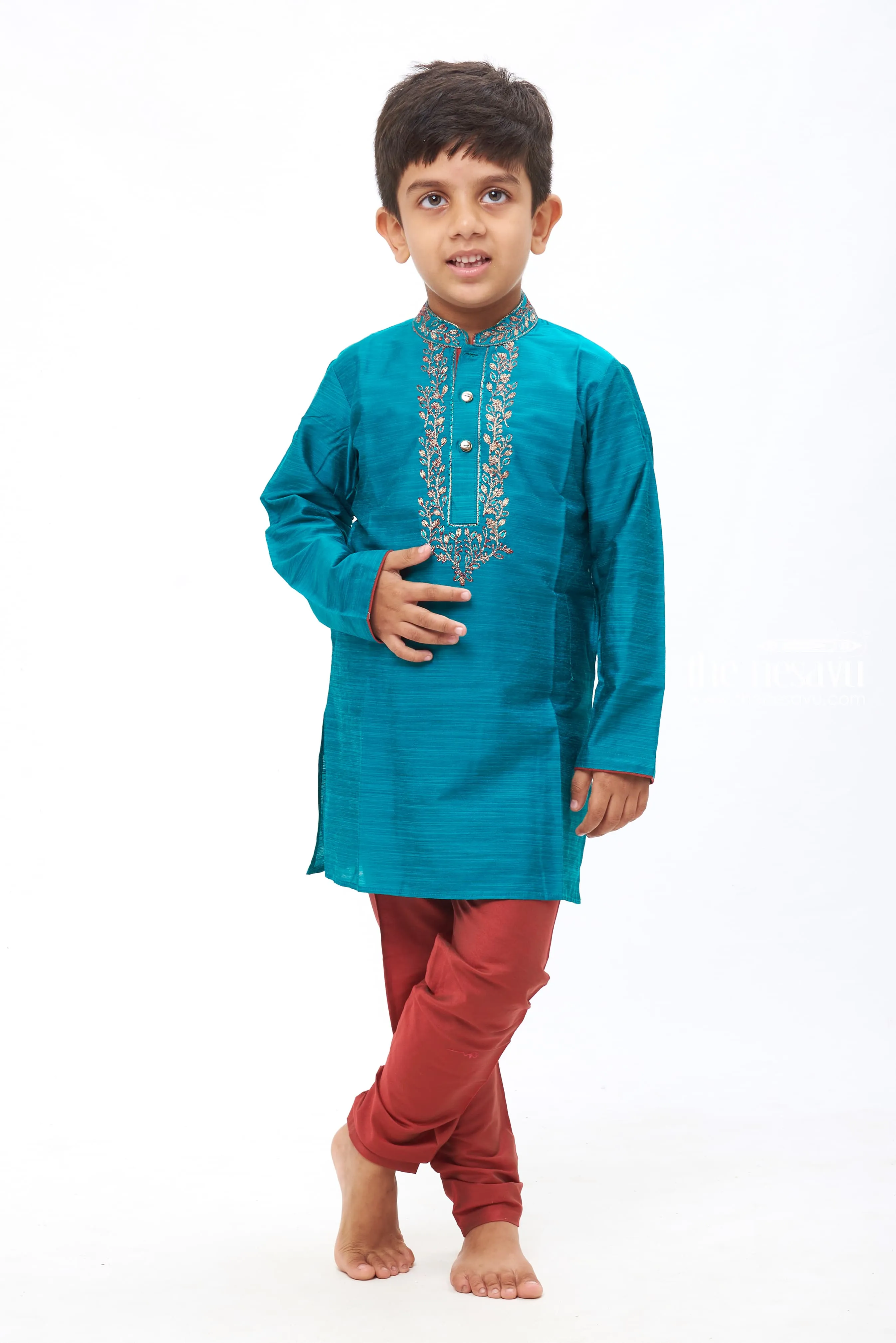 Boys Teal Blue Embroidered Kurta with Maroon Pants Set - Elegant Ethnic Wear for Kids