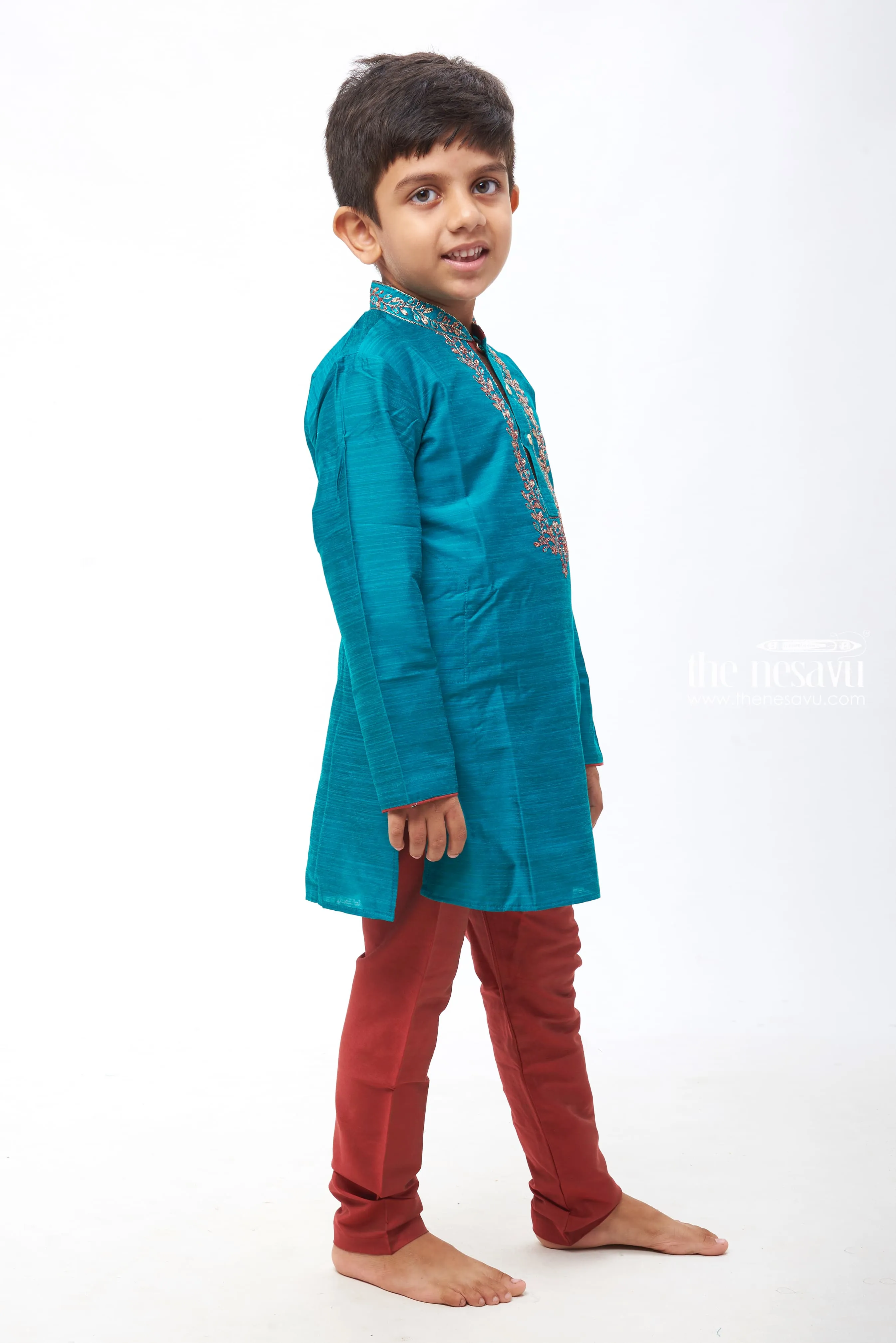 Boys Teal Blue Embroidered Kurta with Maroon Pants Set - Elegant Ethnic Wear for Kids