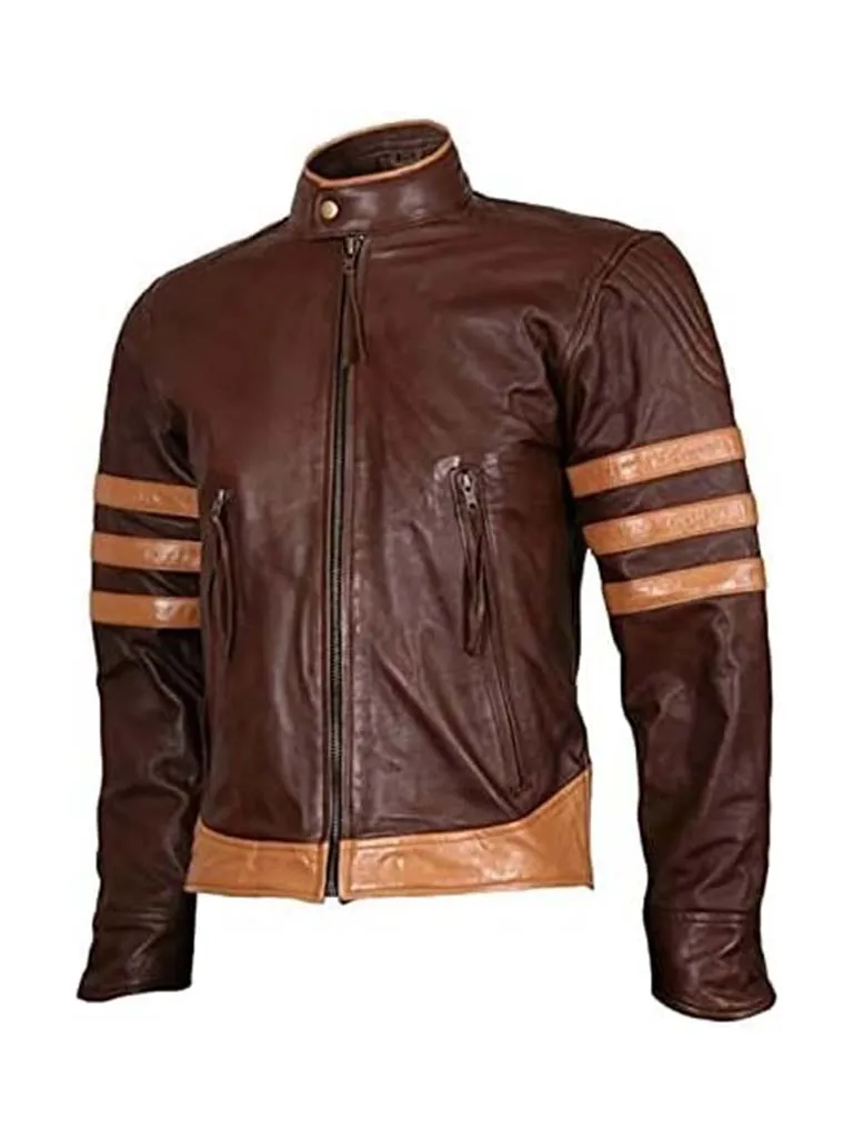 Brown Retro Striped Real Leather Jacket