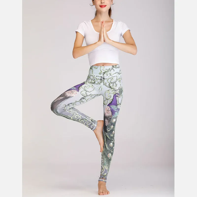 Buddha Stones 2Pcs Lotus Phoenix Spring Flowers Peacock Print Top Pants Sports Fitness Yoga Women's Yoga Sets