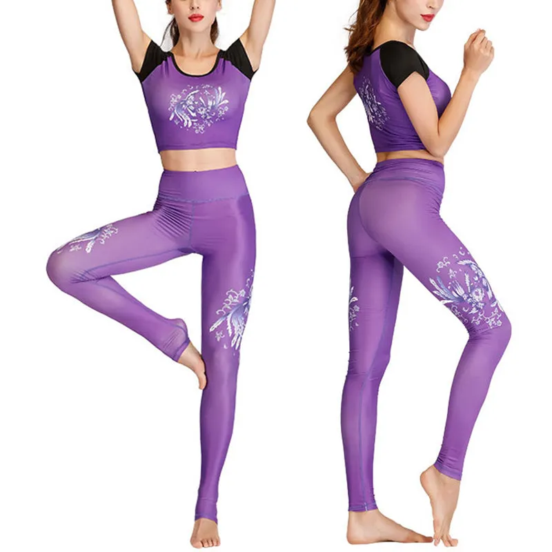 Buddha Stones 2Pcs Lotus Phoenix Spring Flowers Peacock Print Top Pants Sports Fitness Yoga Women's Yoga Sets