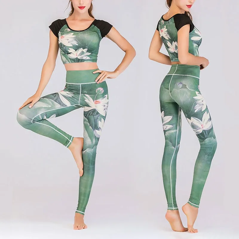 Buddha Stones 2Pcs Lotus Phoenix Spring Flowers Peacock Print Top Pants Sports Fitness Yoga Women's Yoga Sets