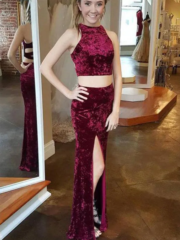 Burgundy Velvet Two Piece Open Back Sheath Prom Dresses,PD00335