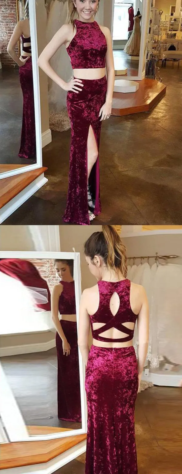 Burgundy Velvet Two Piece Open Back Sheath Prom Dresses,PD00335