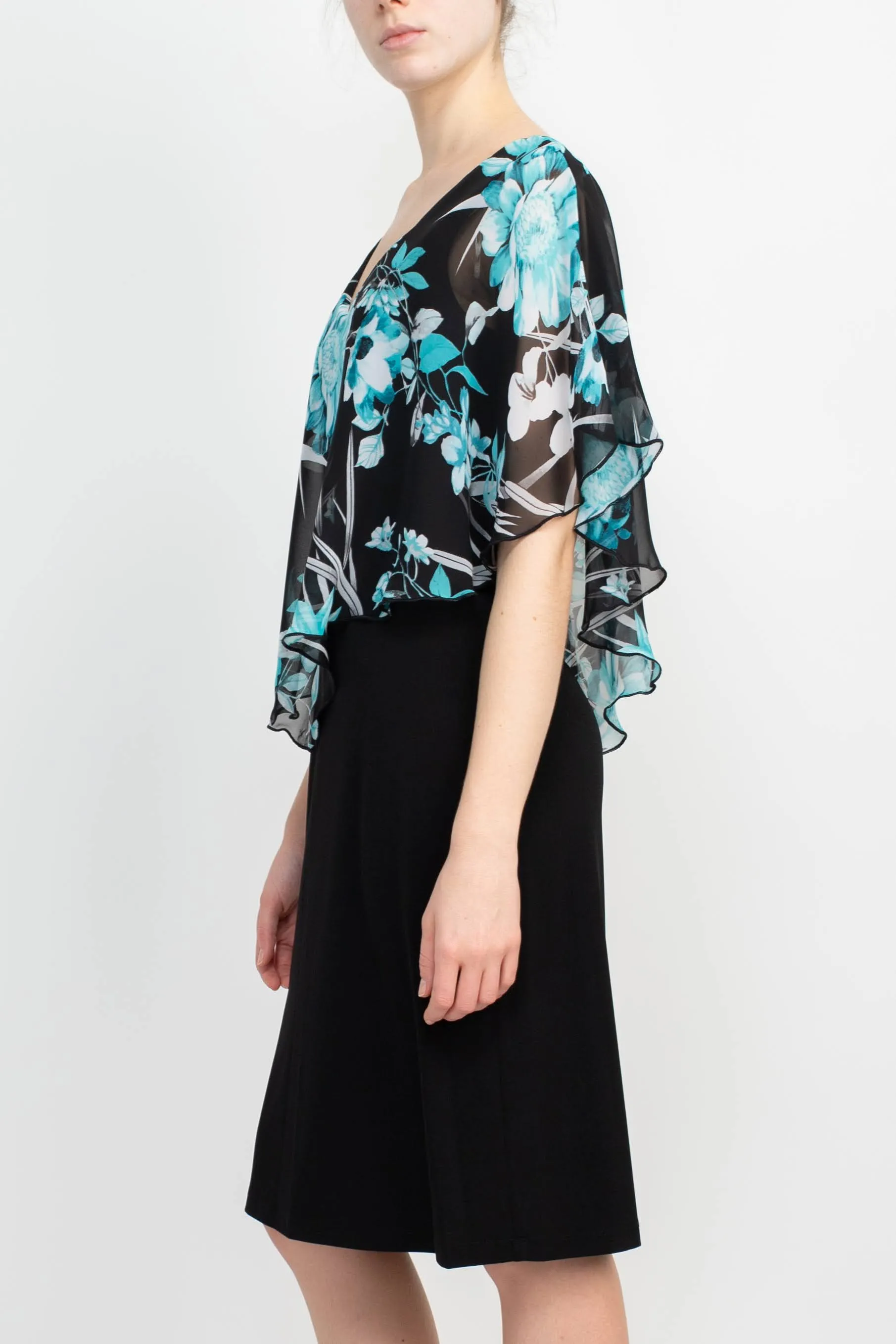 Connected Apparel V-Neck Floral Print Cape Sleeve Chiffon & ITY Dress