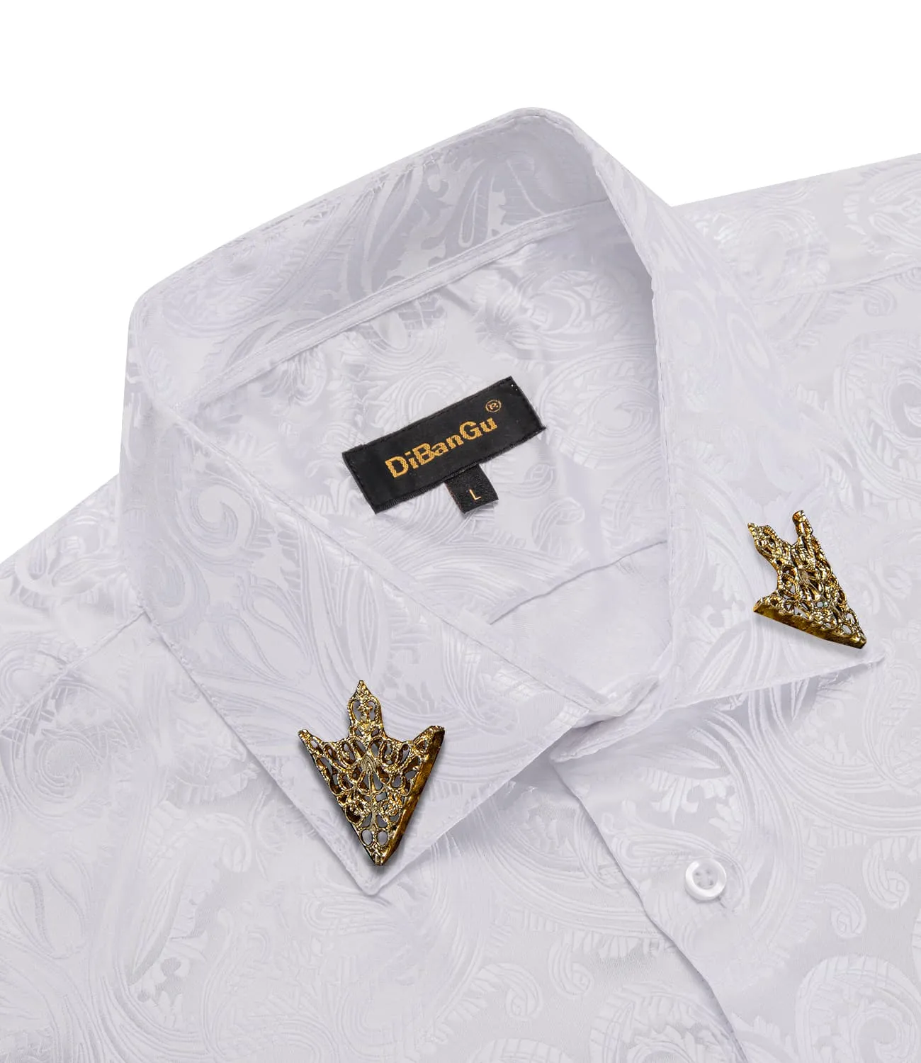 DiBanGu Collared Shirt Munsell White Floral Silk Button Down Long Sleeve Shirt for Men