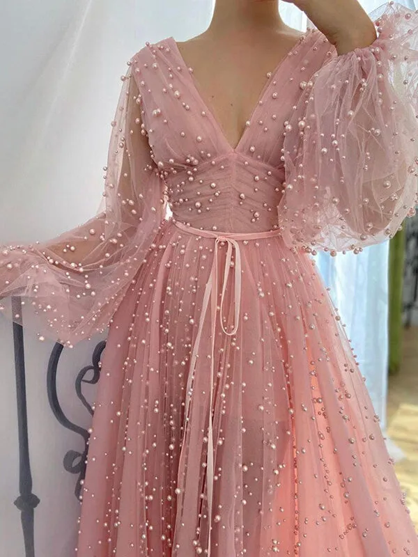 Dusty Rose A-line V-neck Long Sleeves Beaded Prom Dresses, Evening Dress, SP762