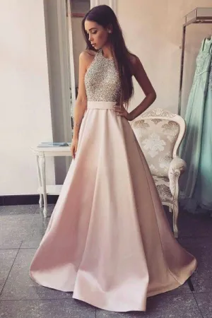 Elegant Beaded Pink Satin Ball Gown Round Neck Open Back Long Prom Dresses, SP488