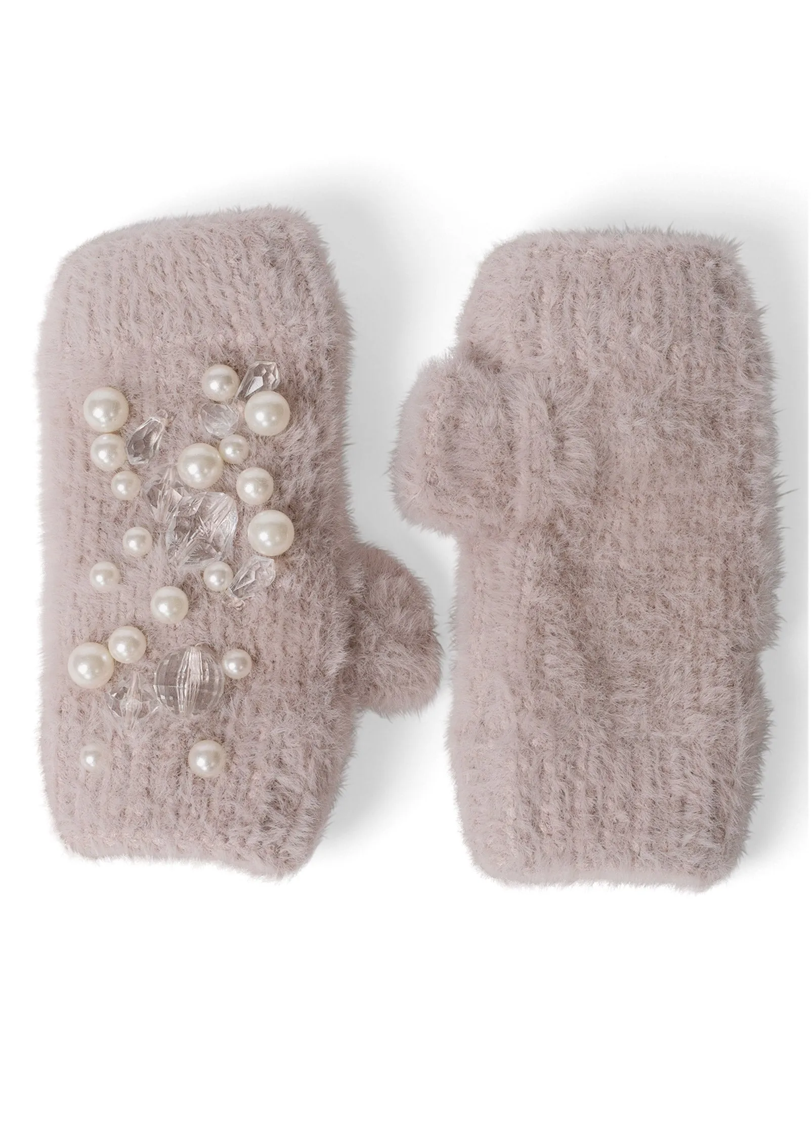 Faux Fur Pearl Beanie & Gloves Set - Pale Pink