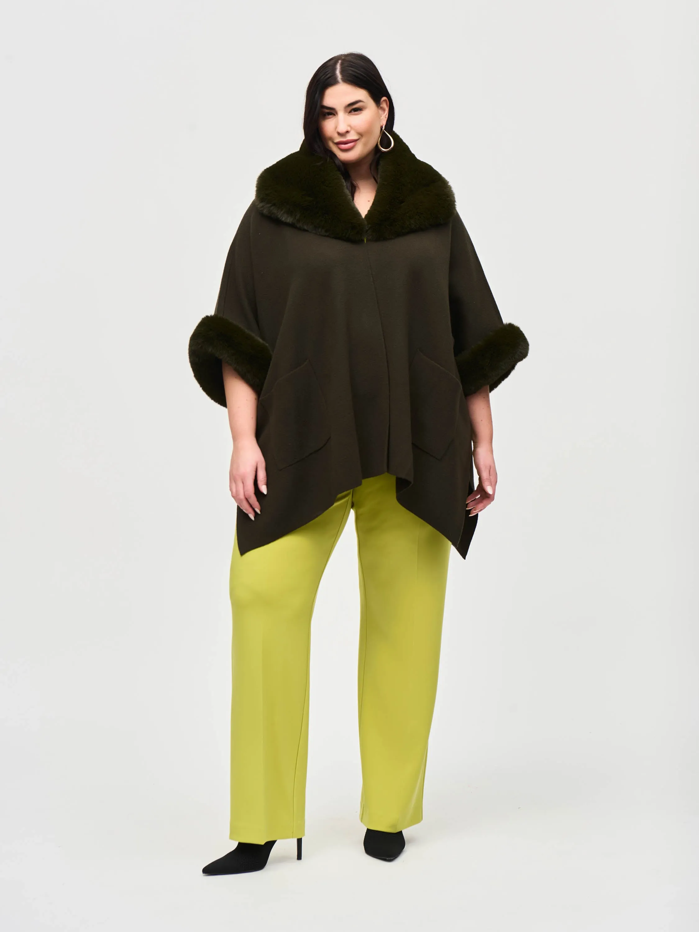 Faux Fur Trim Cape, Khaki