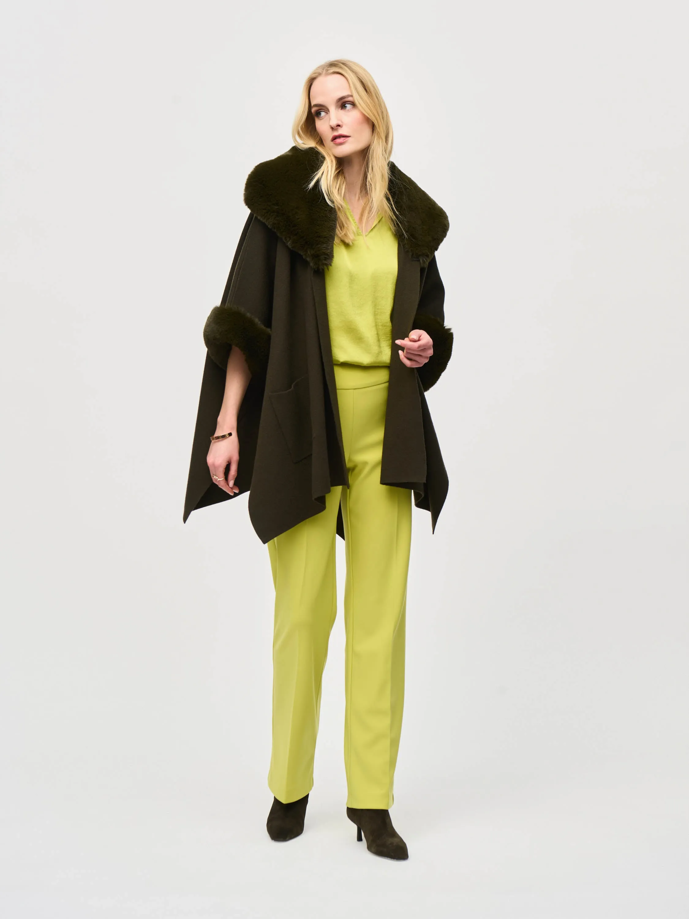 Faux Fur Trim Cape, Khaki