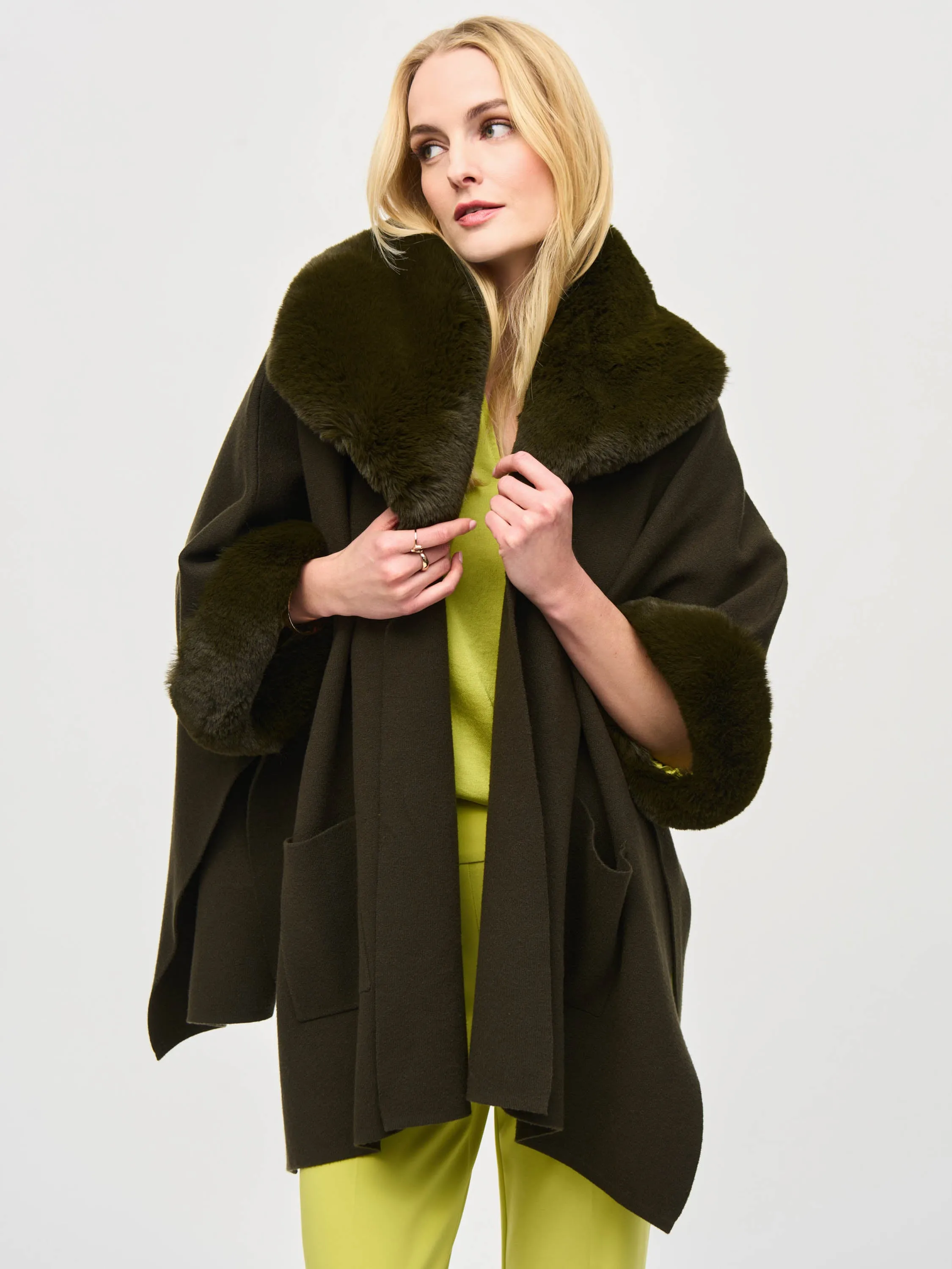 Faux Fur Trim Cape, Khaki