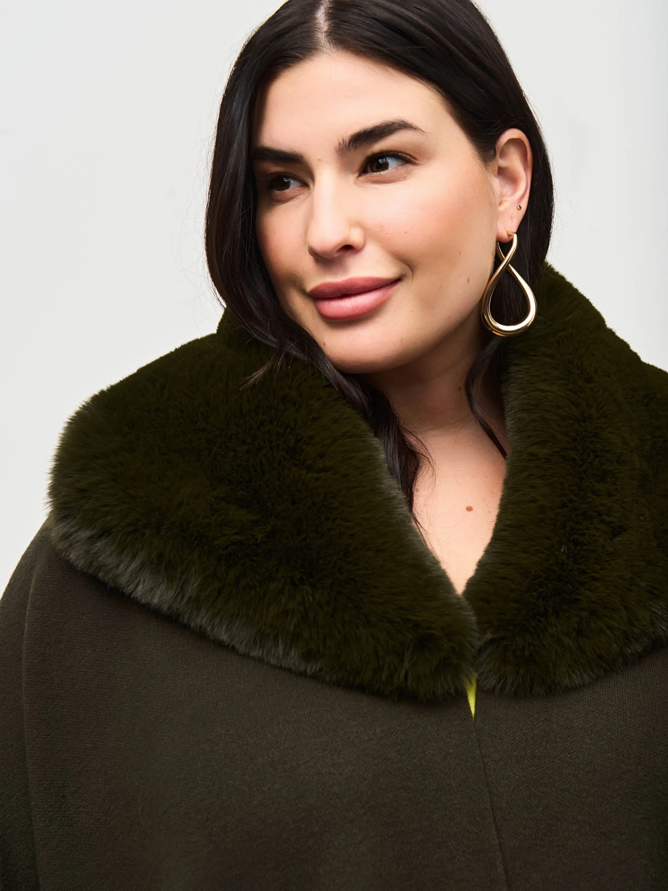 Faux Fur Trim Cape, Khaki