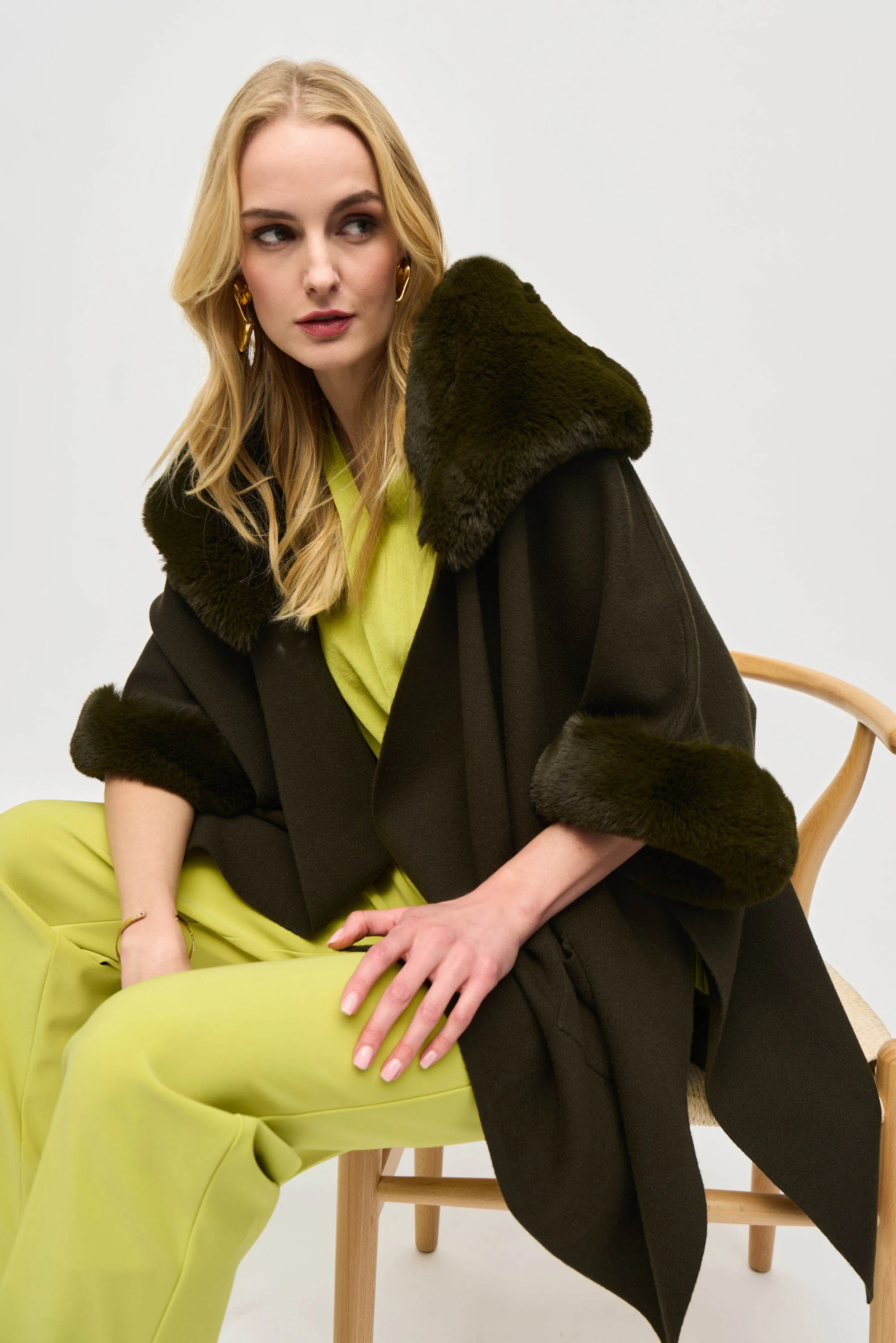 Faux Fur Trim Cape, Khaki