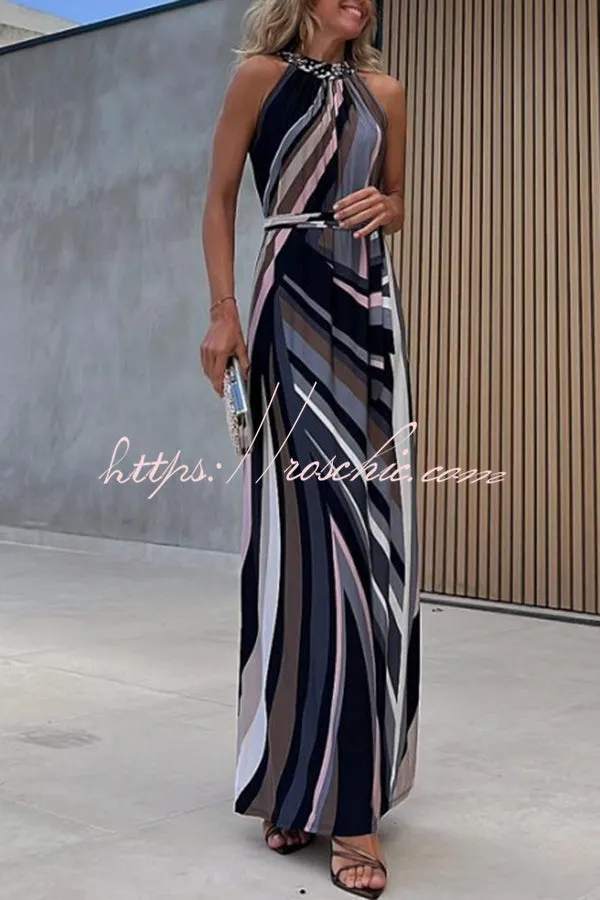 Flowing Elegance Colored Lines Printed Belt Halter Maxi Dress