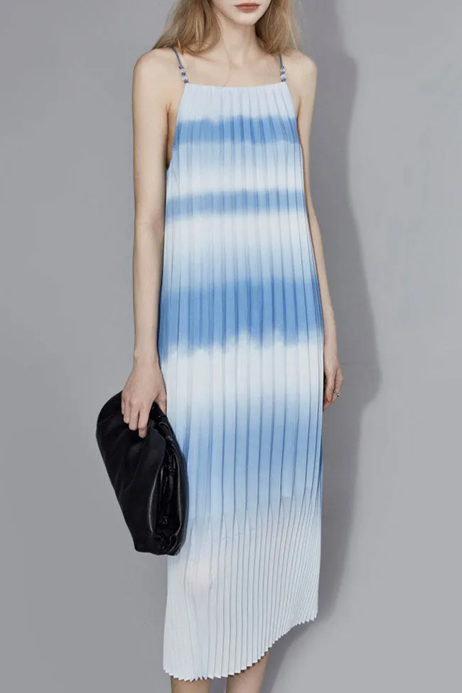 Flowing Gradient Striped A Line Sleeveless Pleated Slip Midi Dress - Sky Blue