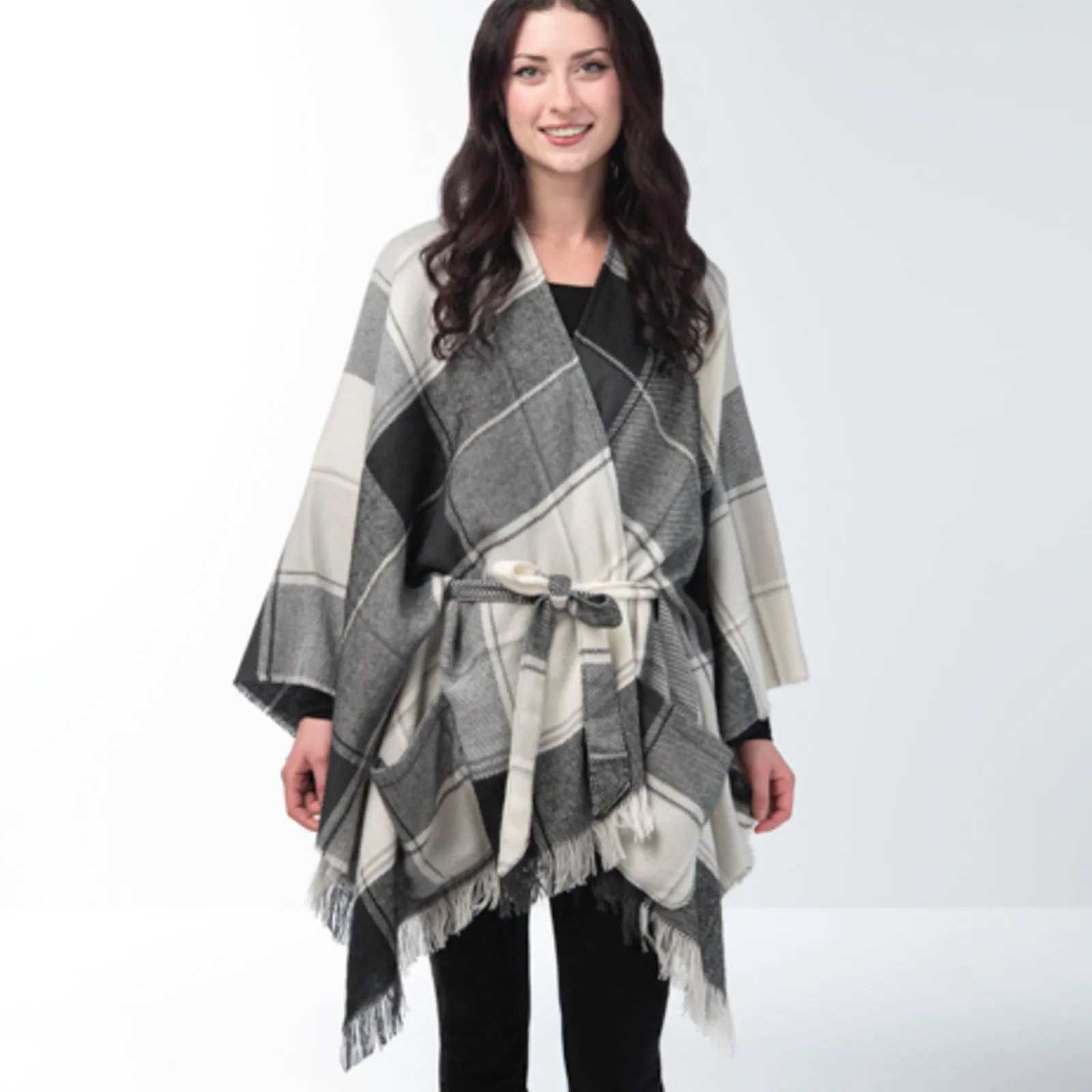 Ganz Plaid Belted Wrap - Gray