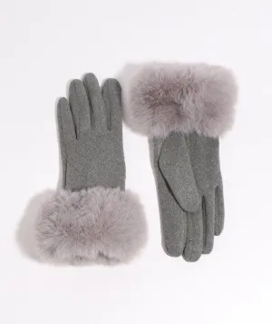 Grey Wool Glove with Faux Fur Cuff and Lining