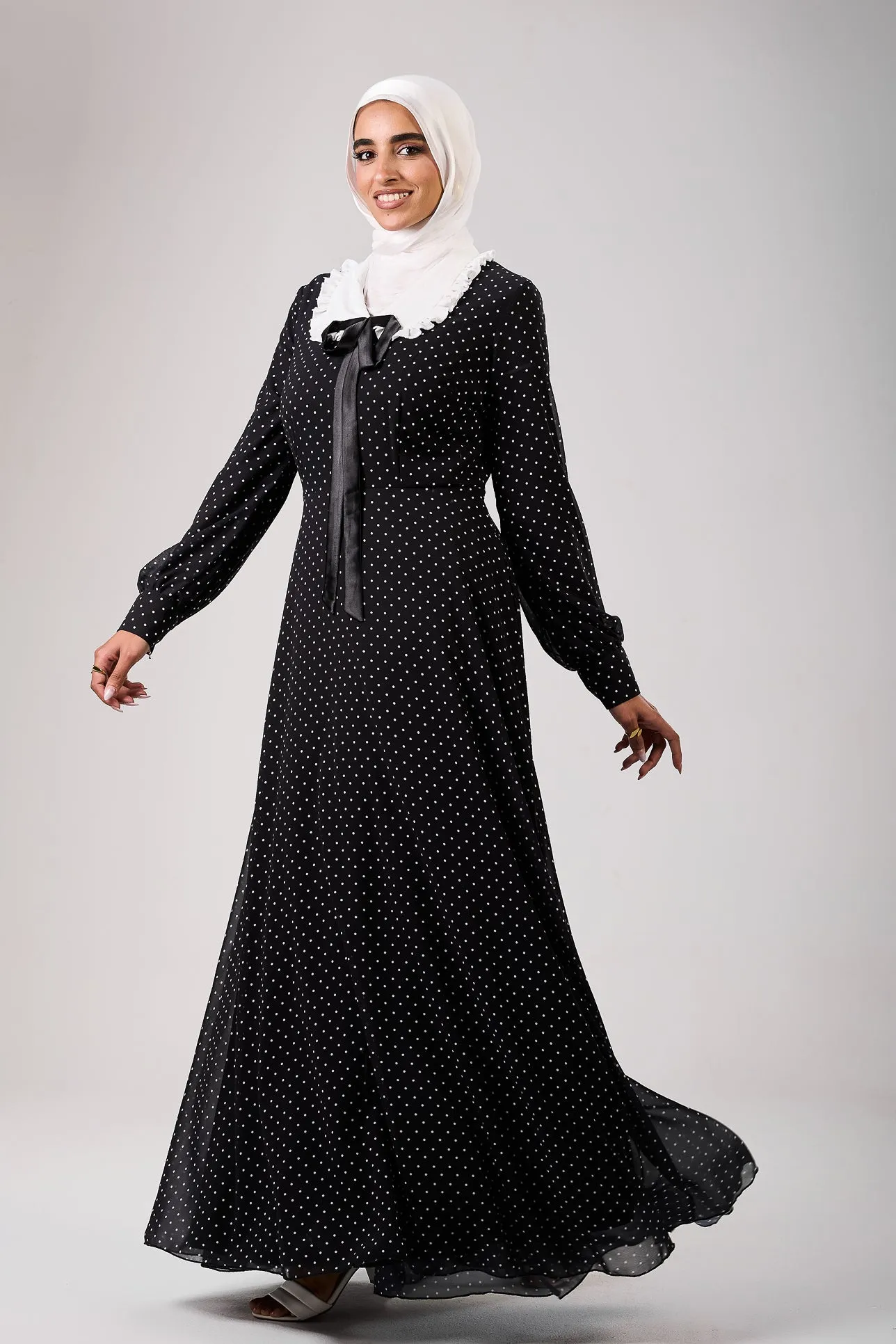 Hajar Polka Dot Flared Sleeve Chiffon Modesty Maxi Dress