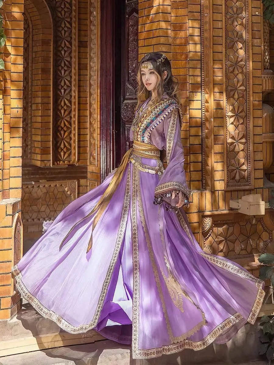 Inspired By the Ancient Western Chinese kingdom Princess of Loulan, Purple Boho Embroidery Hanfu Costume(4PCS)