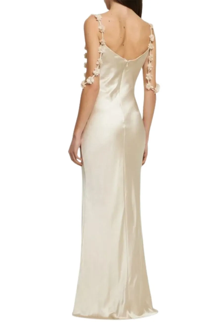 Ivory Satin Flower Maxi Dress