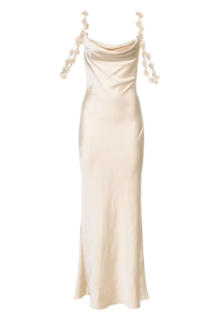 Ivory Satin Flower Maxi Dress