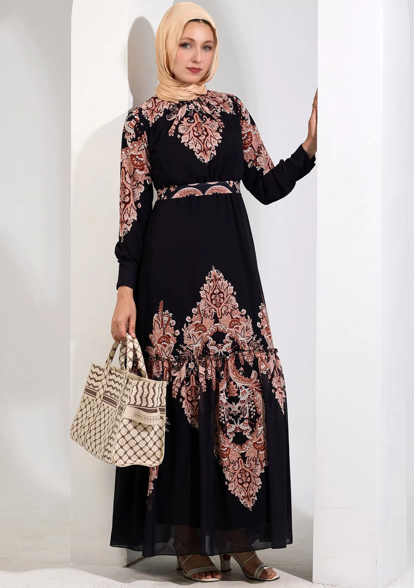 Jamilah Majestic Black Chiffon Maxi Dress with Peach Floral Print