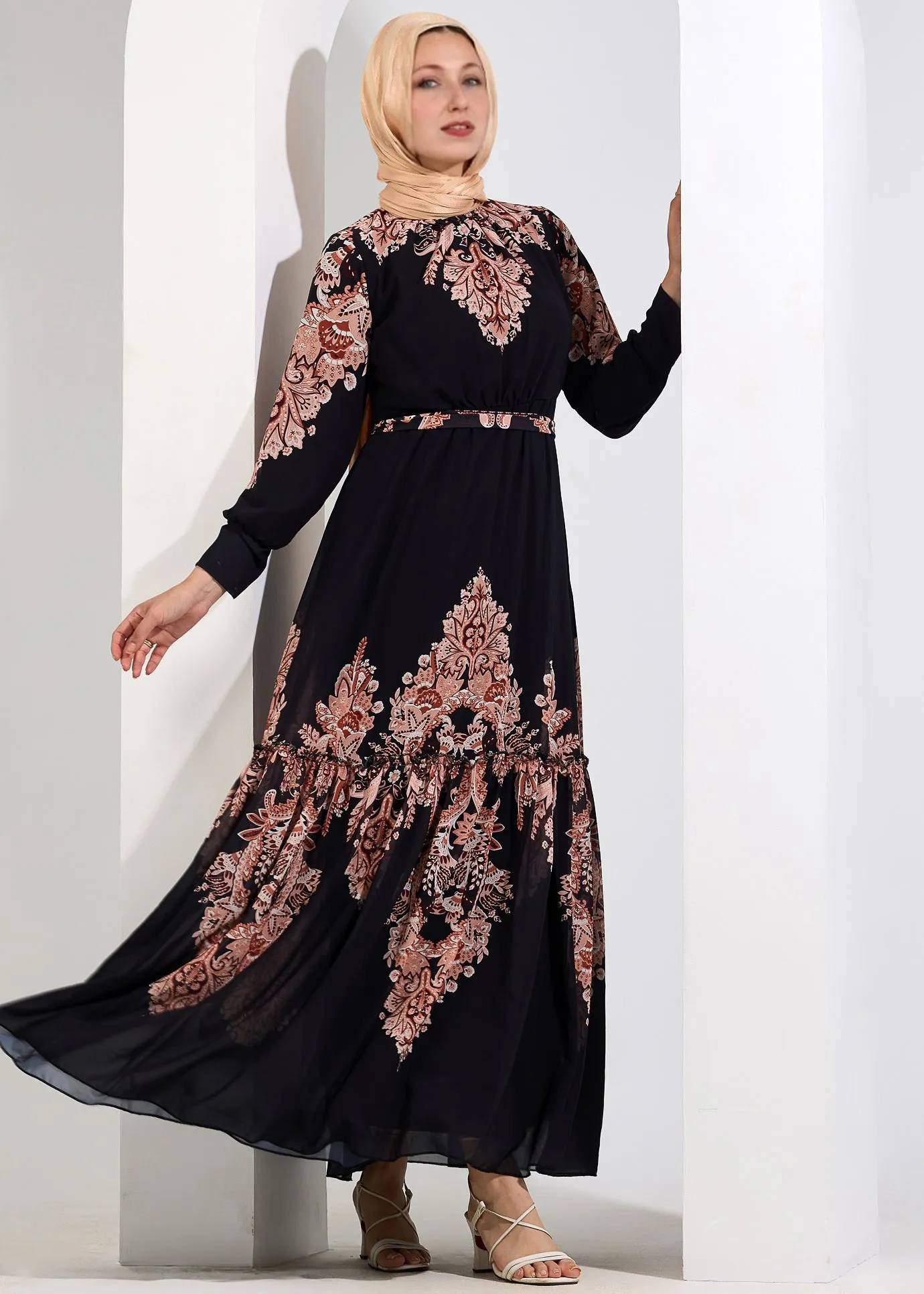 Jamilah Majestic Black Chiffon Maxi Dress with Peach Floral Print