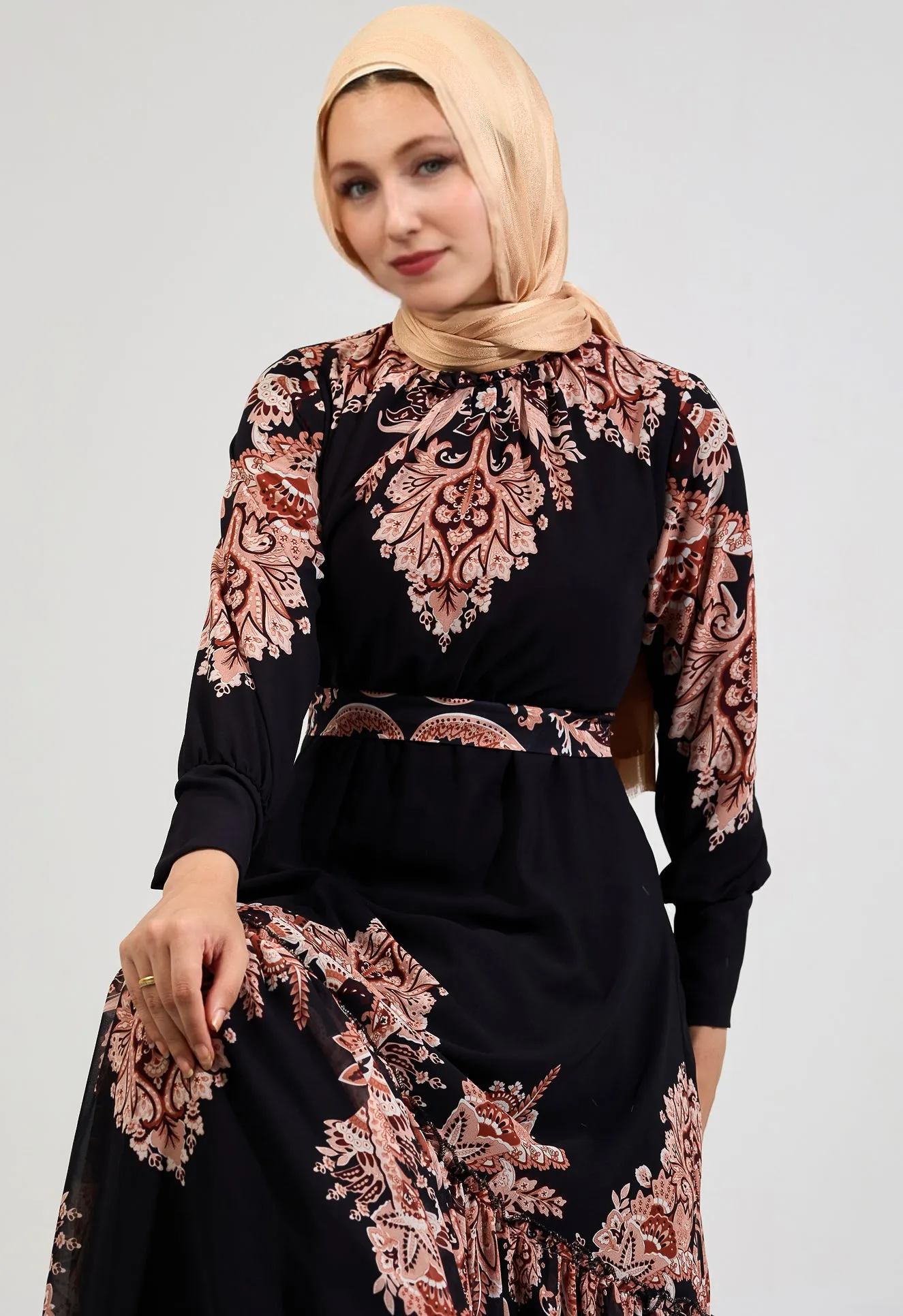 Jamilah Majestic Black Chiffon Maxi Dress with Peach Floral Print