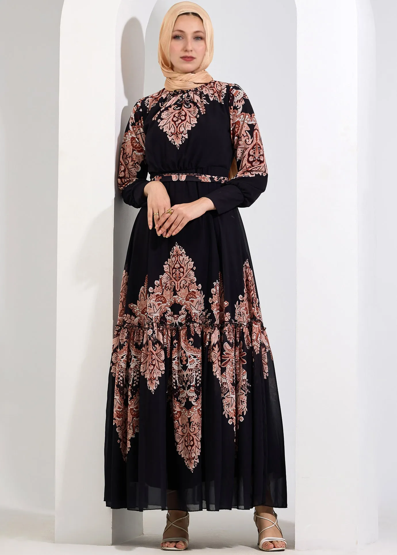 Jamilah Majestic Black Chiffon Maxi Dress with Peach Floral Print