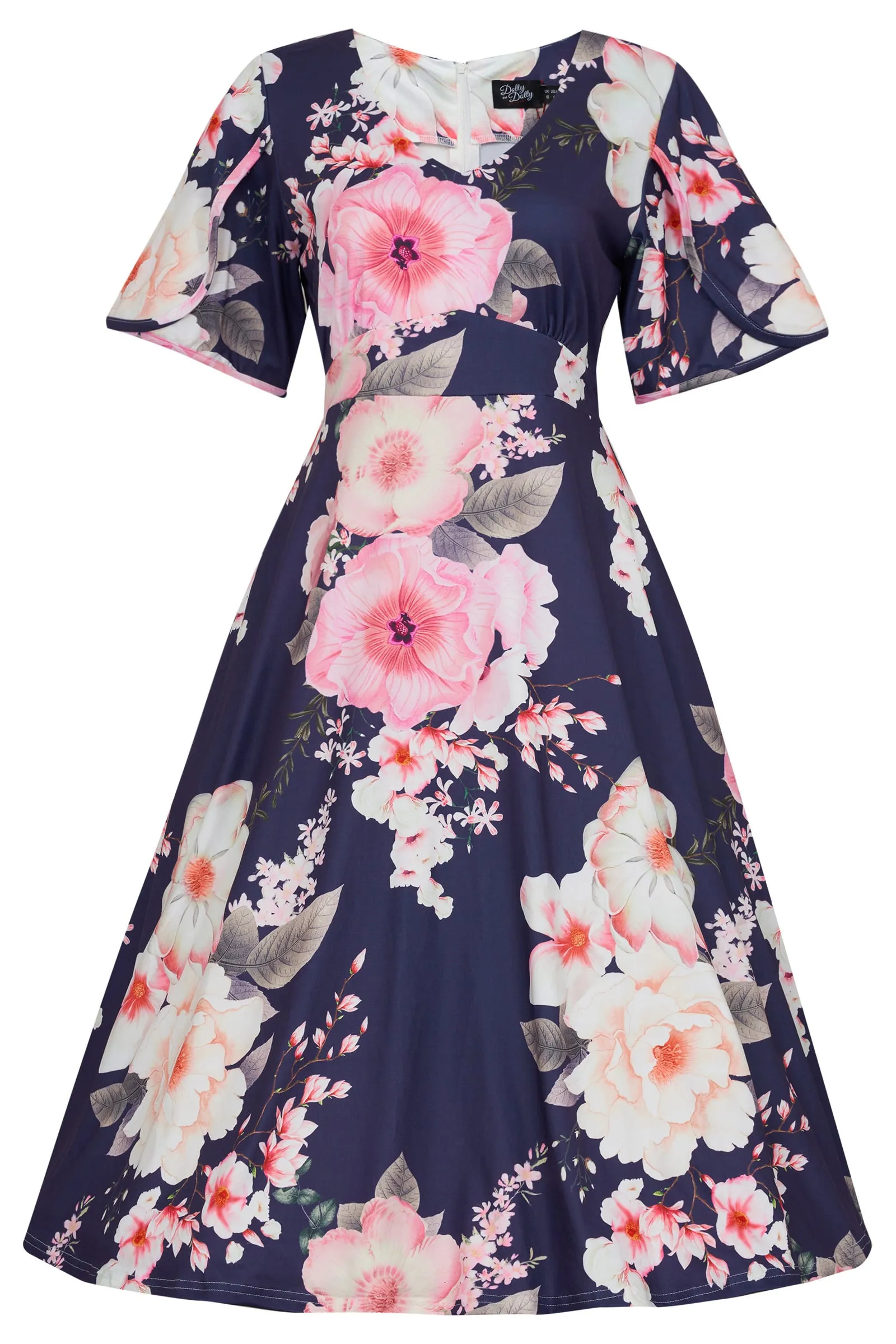 Janice Navy Floral Petal Sleeve Tea Dress