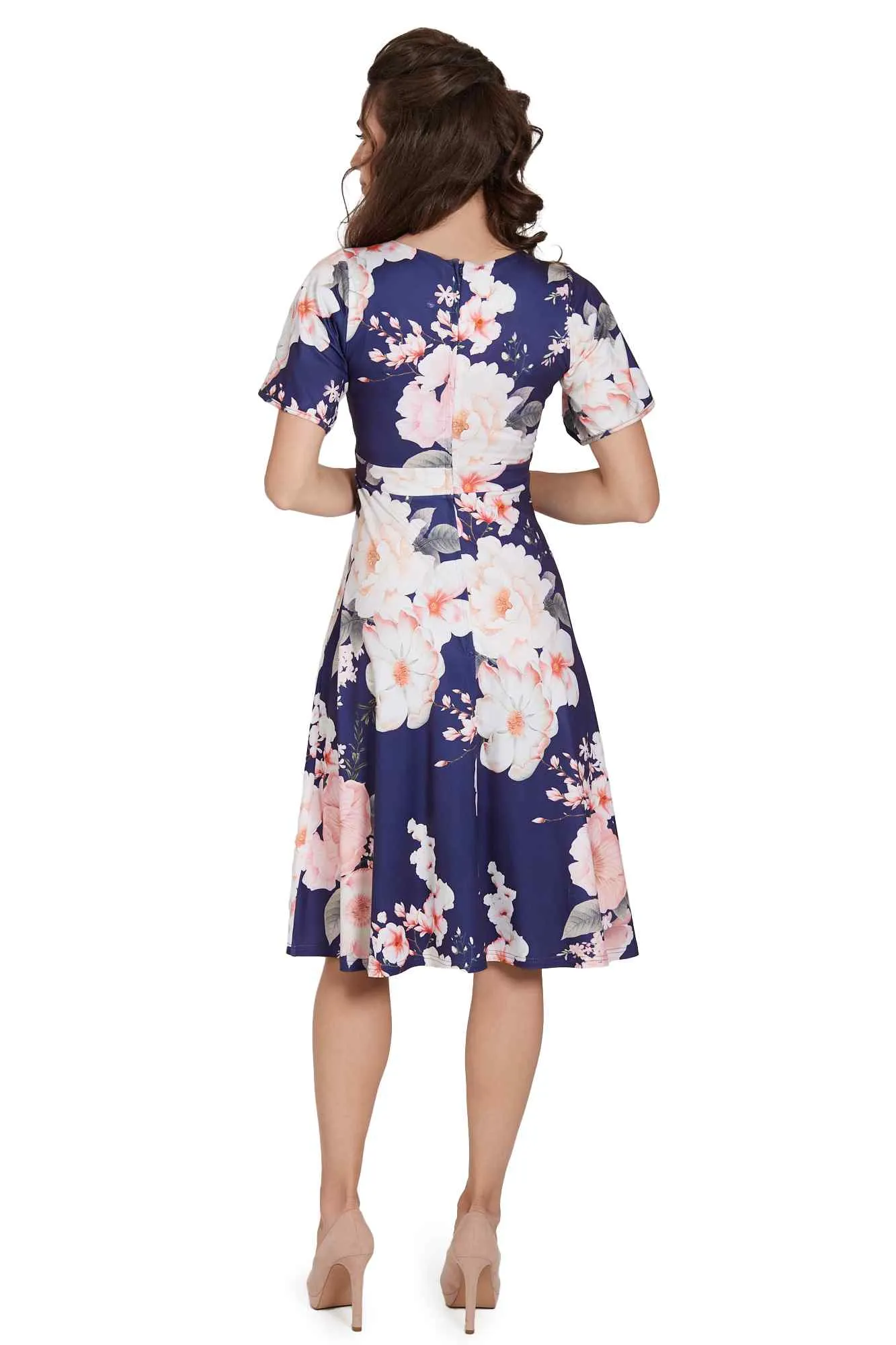 Janice Navy Floral Petal Sleeve Tea Dress