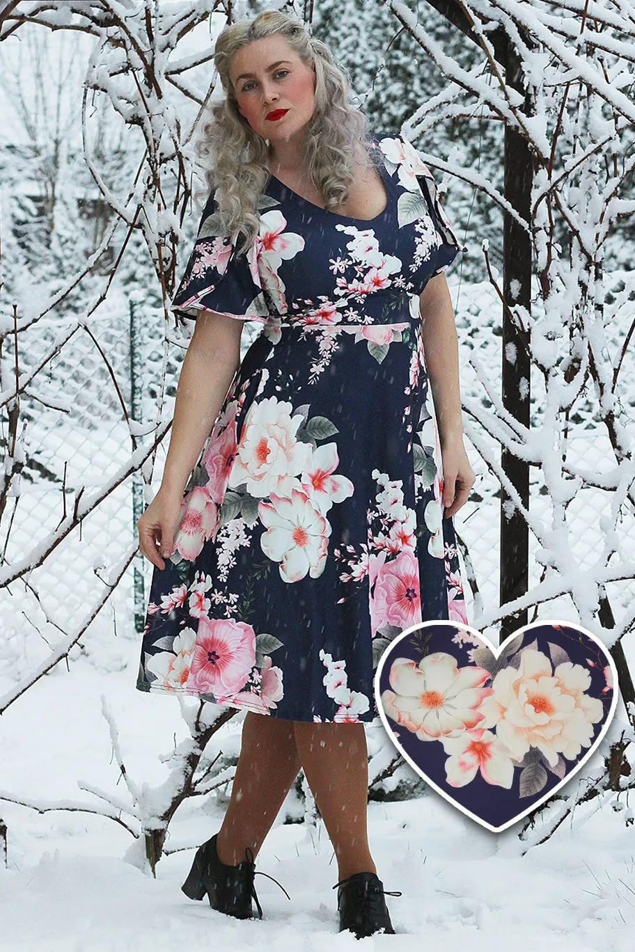 Janice Navy Floral Petal Sleeve Tea Dress