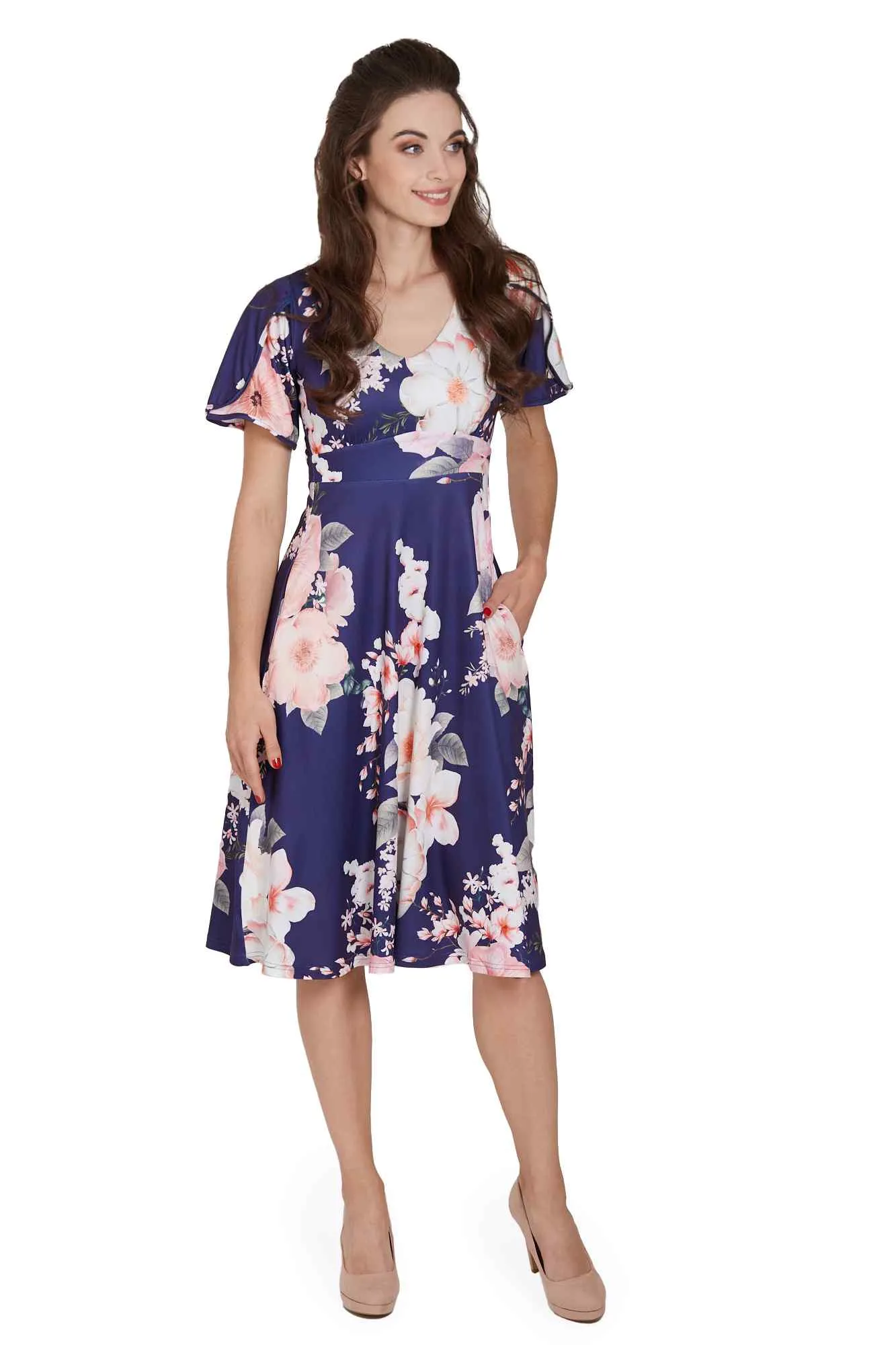 Janice Navy Floral Petal Sleeve Tea Dress