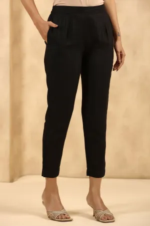 Jashvi  Black Rayon Flex Solid Slim Fit Pants With Partially Elasticated Waistband