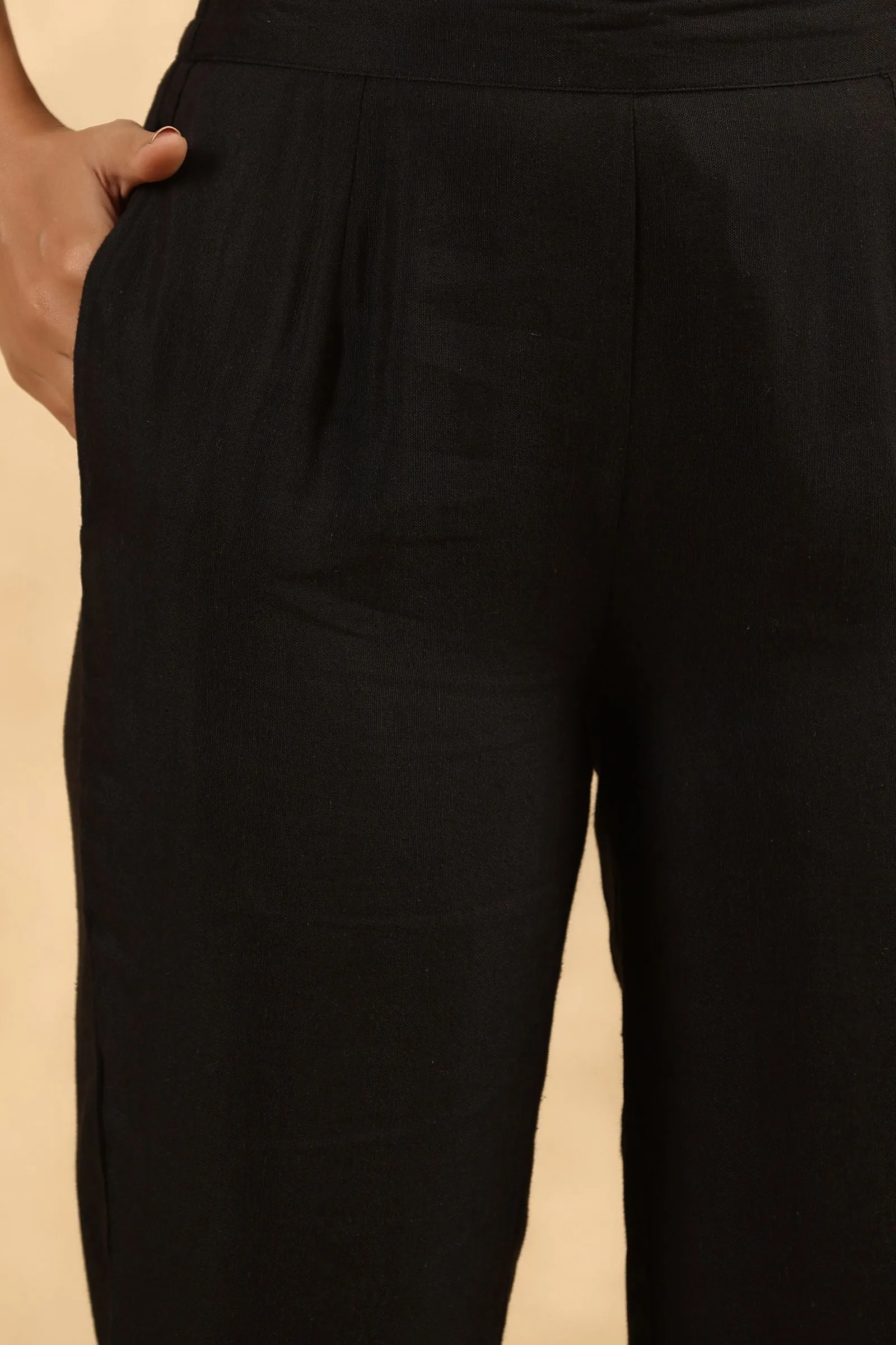 Jashvi  Black Rayon Flex Solid Slim Fit Pants With Partially Elasticated Waistband