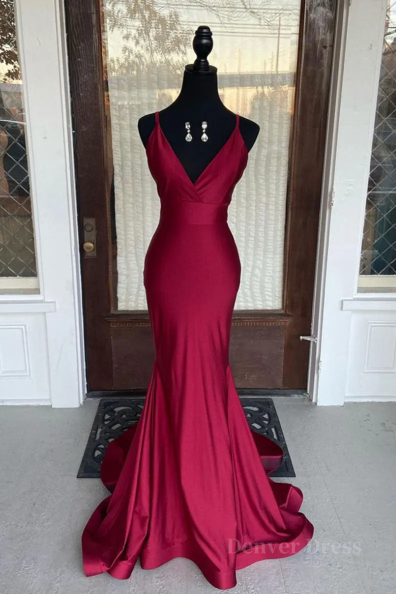 kamahe Simple burgundy v neck satin mermaid long prom dress burgundy evening dress